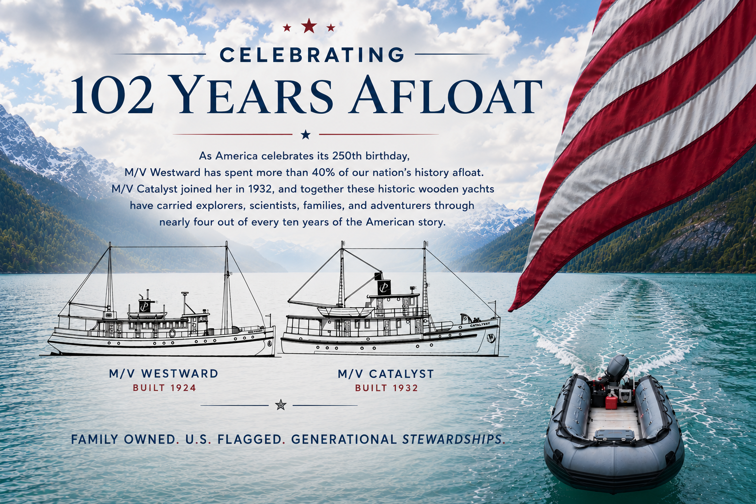 Poster celebrating 102 years afloat, featuring drawings of M/V Westward and M/V Catalyst, with a U.S. flag.