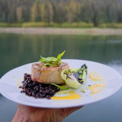 Hand holding a plate with fish, black rice, and vegetables in front of a lake backdrop.