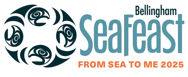 SeaFeast+2025+Logo-Horizontal+Color Bellingham SeaFeast 2025 logo with tribal-style fish design and slogan 'From Sea to Me'.