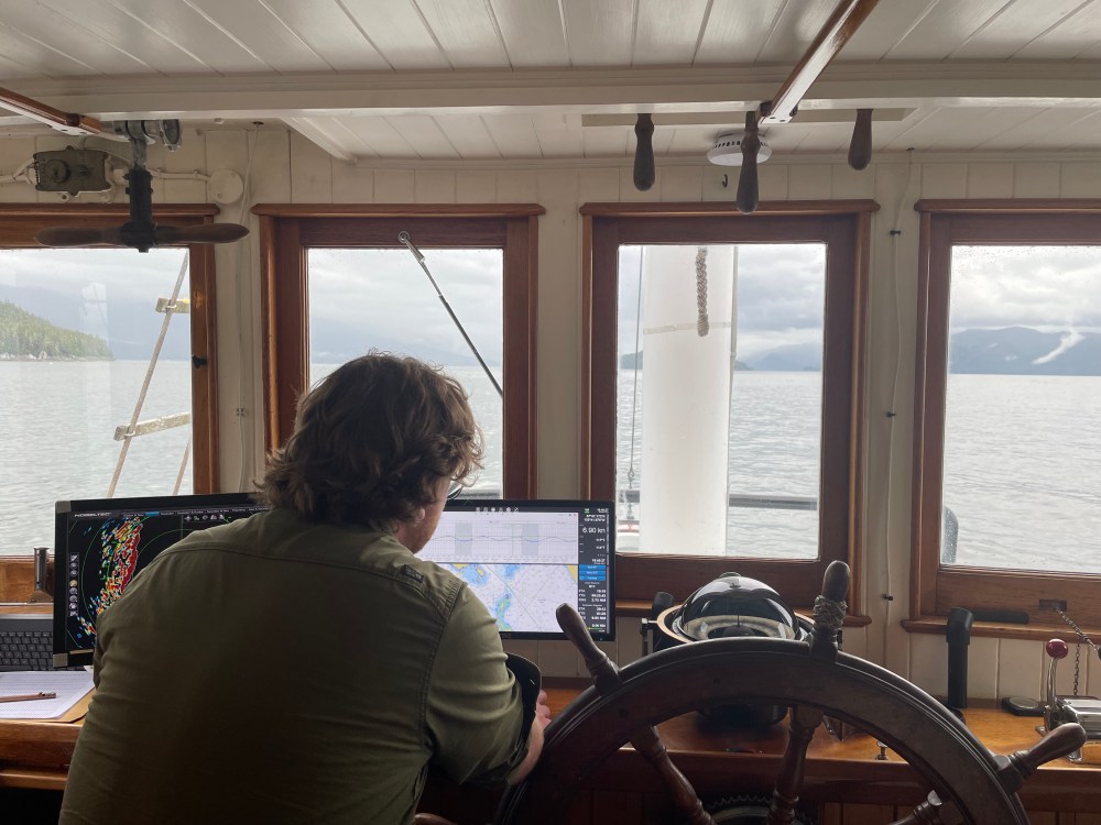 Person steering a ship, viewing monitors with maritime data, through windows showing a cloudy seascape.